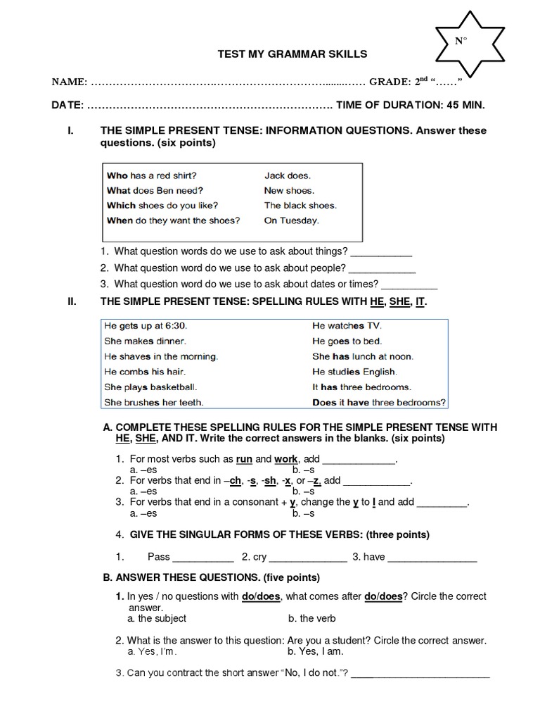 Simple Present Tense Grammar Test | PDF