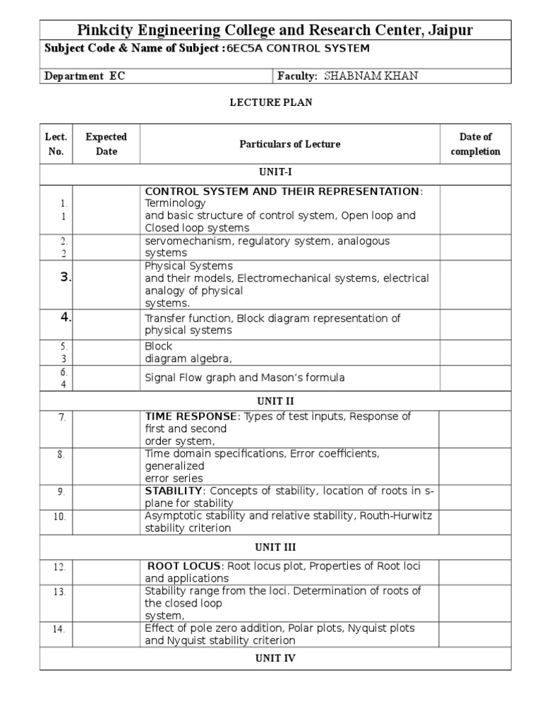 Control System Lecture Plan - 6EC5A | PDF