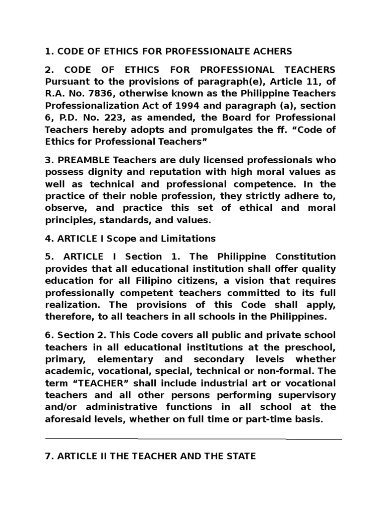 Code Of Ethics For Professional Teachers Pdf Article Two Of The United States Constitution Teachers