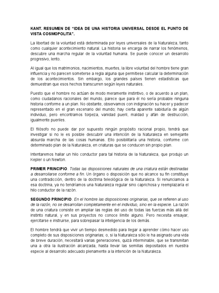 Resumen Kant. Idea de Una Historia Universal