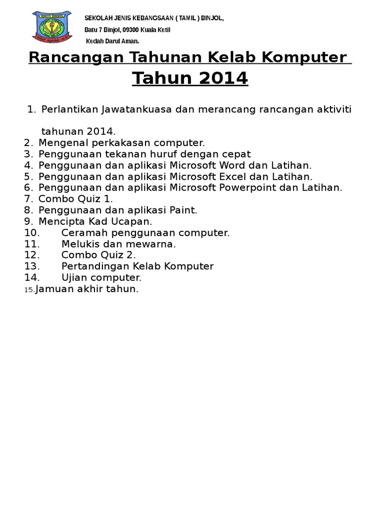 Rancangan Tahunan Kelab Komputer Sekolah Rendah Pdf