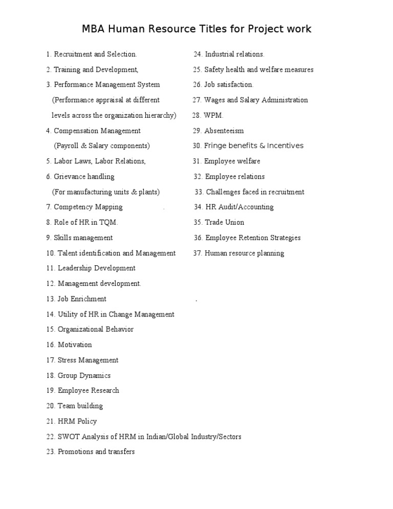 Mba Project Titles On HR | PDF | Human Resources | Human Resource 