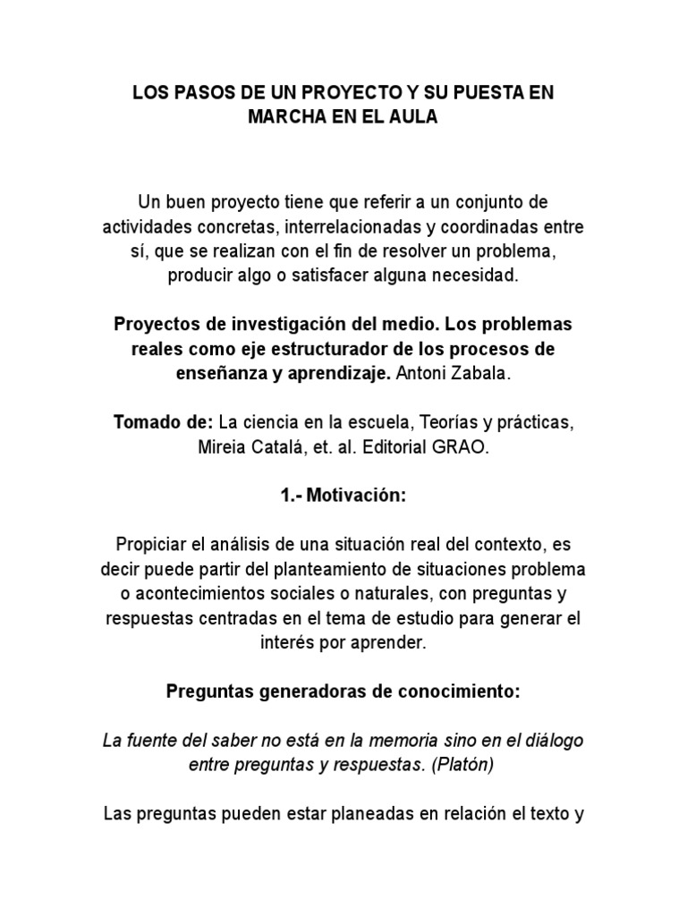 Pasos para un Proyecto de Aula | PDF | Planificación | Aprendizaje