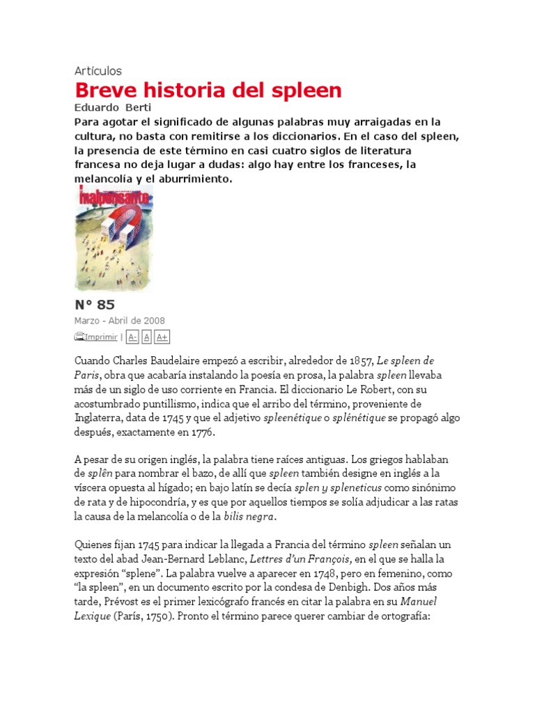 Breve Historia Del Spleen PDF Charles Baudelaire Les Fleurs Du Mal