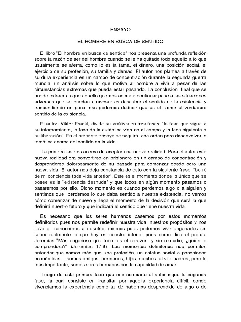 Ensayo El Hombre en Busca de Sentido PDF Amor Autoestima