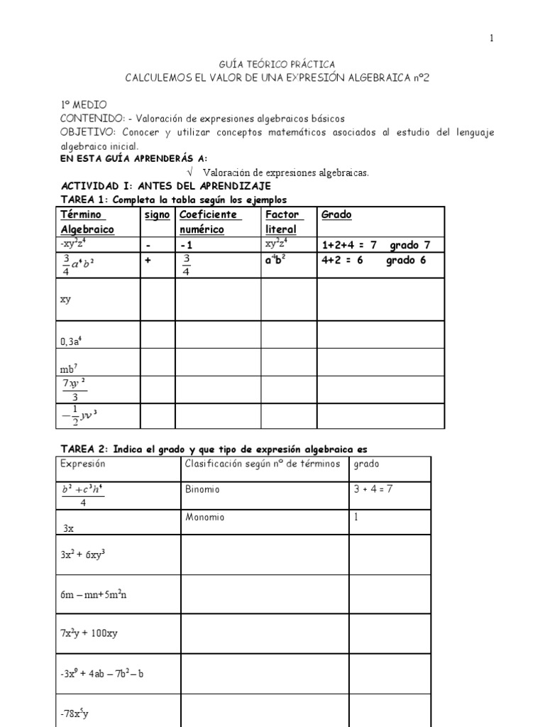 Hoja De Trabajo Para Evaluar Expresiones Algebraicas En Formato Pdf
