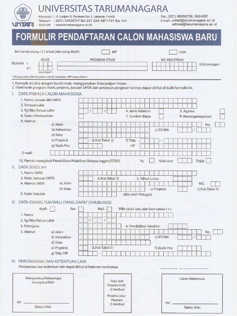 Formulir Depan Pendaftaran Untar Pdf
