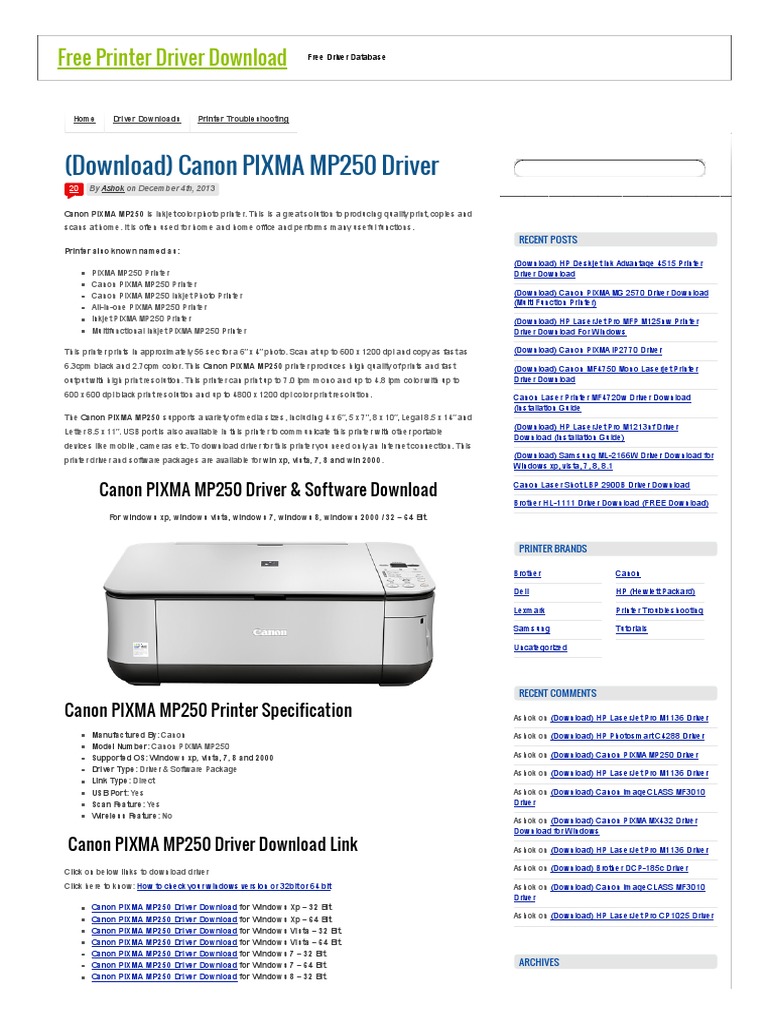 Download Canon Pixma Mp250 Driver Free Printer Driver Downloadfree Printer Driver Download Pdf Installation Computer Programs Printer Computing