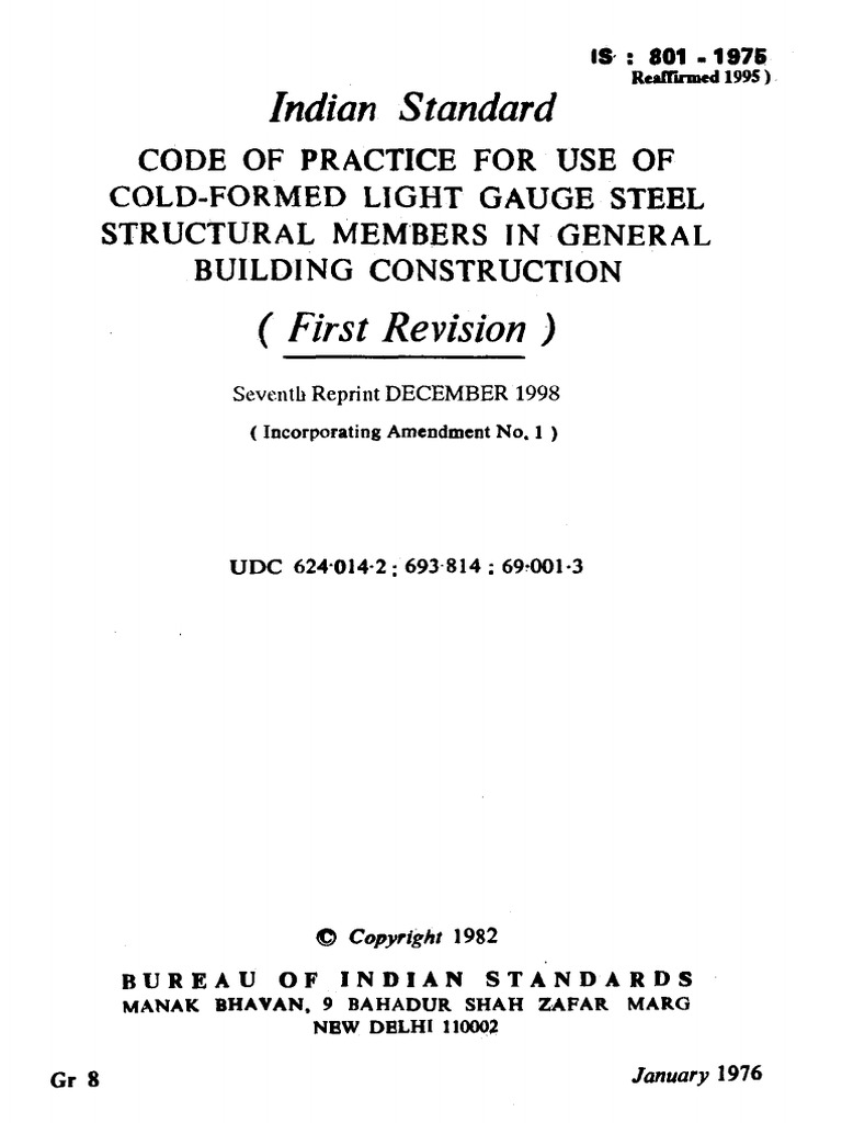 Is 801 Code of Practice For Use of Cold-Formed Light Gauge .183135618 ...
