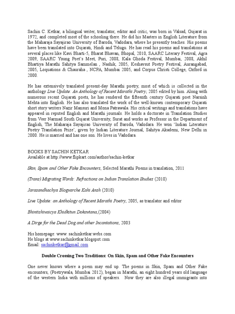 Sachin Ketkar Bionote PDF Indian Literature Poetry