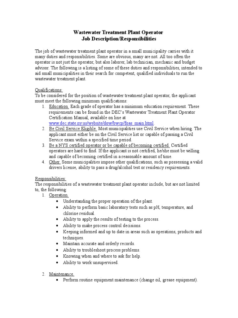 Wastewater Treatment Plant Operator Fact Sheet PDF Sewage Treatment