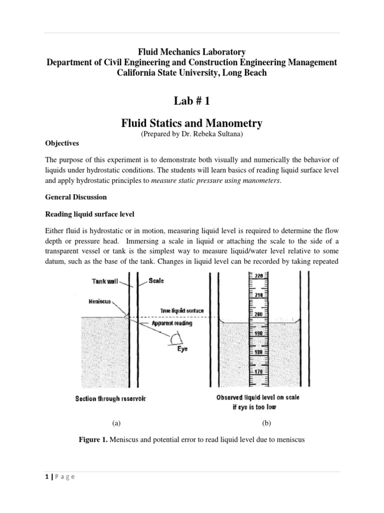 Fluid Statics and Manometry Lab Guide | PDF | Pressure Measurement ...