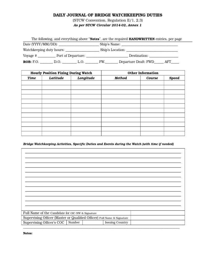 Section 2 Daily Bridge Watchkeeping Journal (Deck) | PDF | Ships 