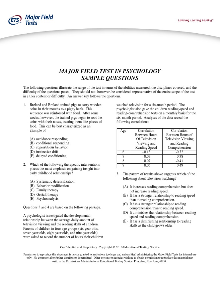 Major Field Test in Psychology | PDF | Reading Comprehension | Psychology