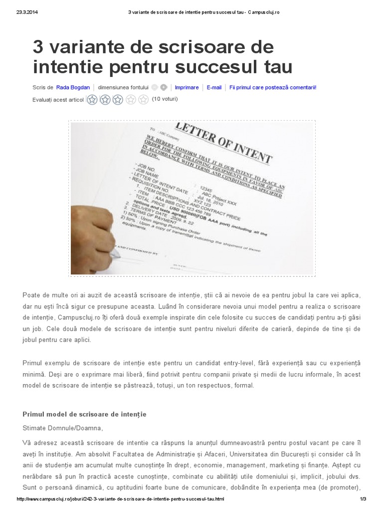 3 Variante de Scrisoare de Intentie Pentru Succesul Tau - Campuscluj | PDF