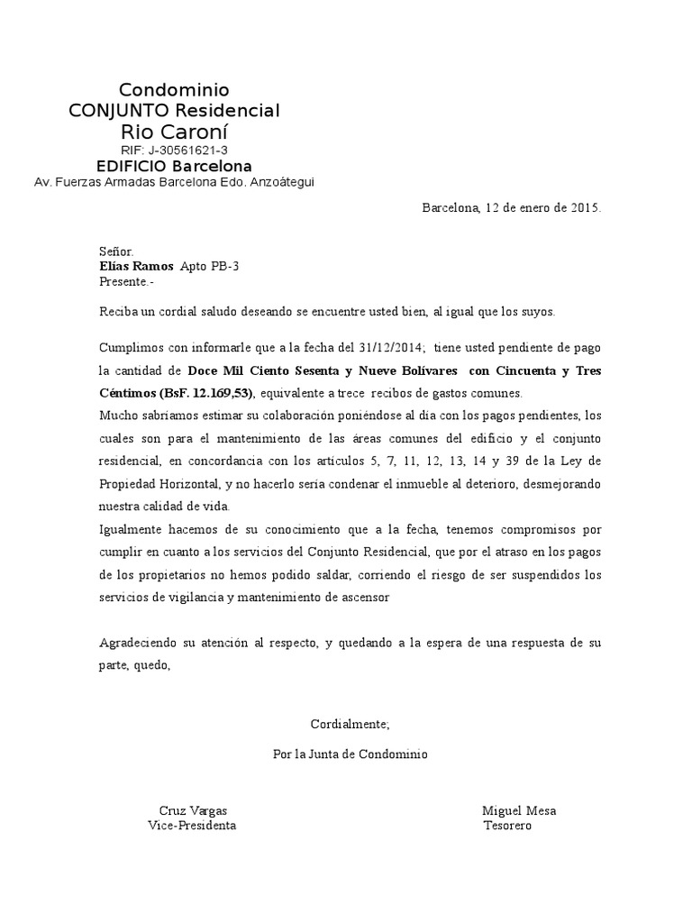 Carta de Cobro y Convenio de Pago  PDF  Condominio  Barcelona