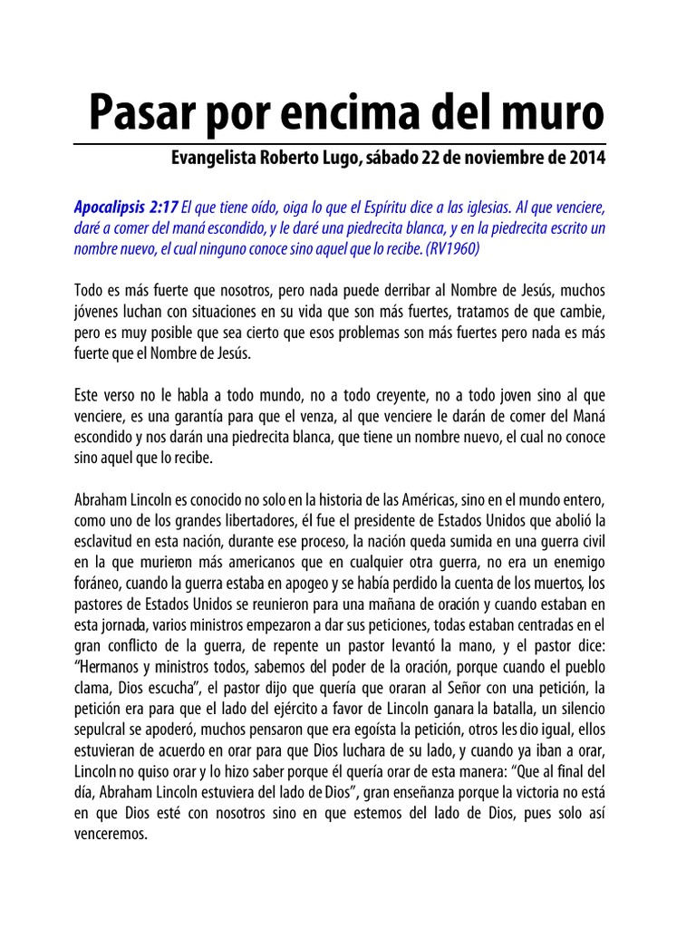 Evangelista Roberto Lugo Pasar Por Encima Del Muro Sabado 22112014 PDF