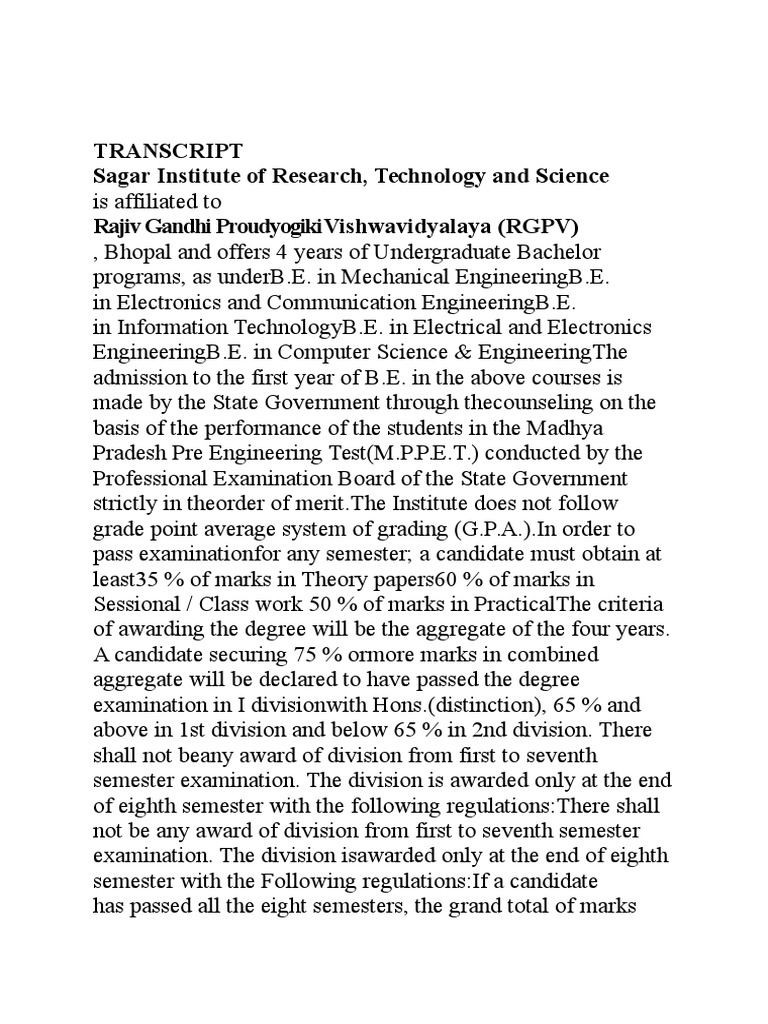 Transcript Sagar Institute of Research, Technology and Science Rajiv ...