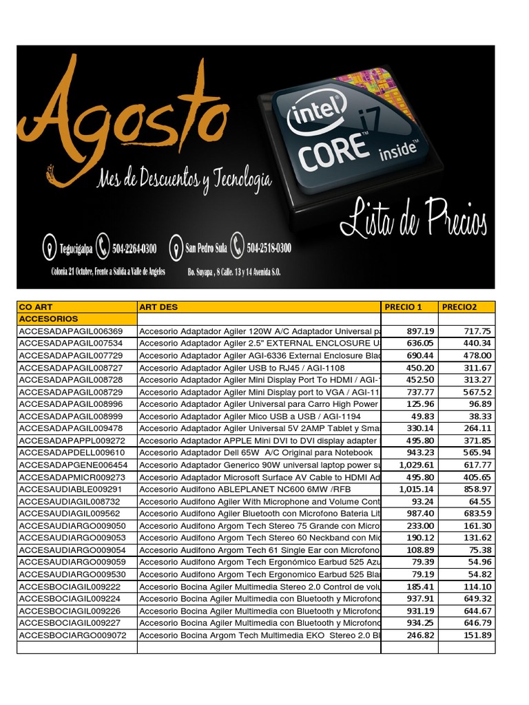 Listado de Precio Agosto Tableta Electrónica de consumo