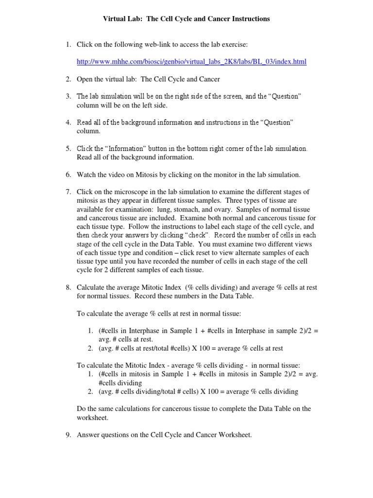 Worksheets Virtual Lab The Cell Cycle And Cancer Worksheet Answers cell cycle and cancer lab mitosis biology