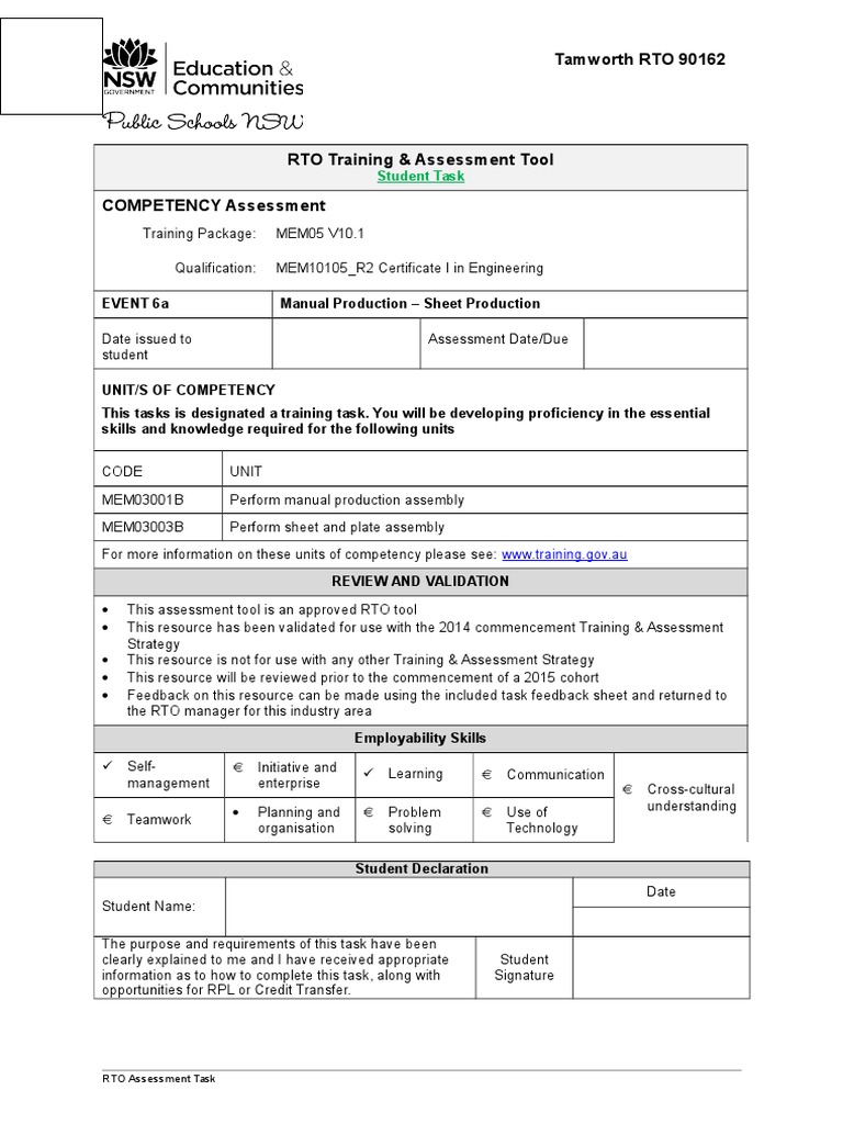 Manual Production Sheet Production Student Task Personal Protective