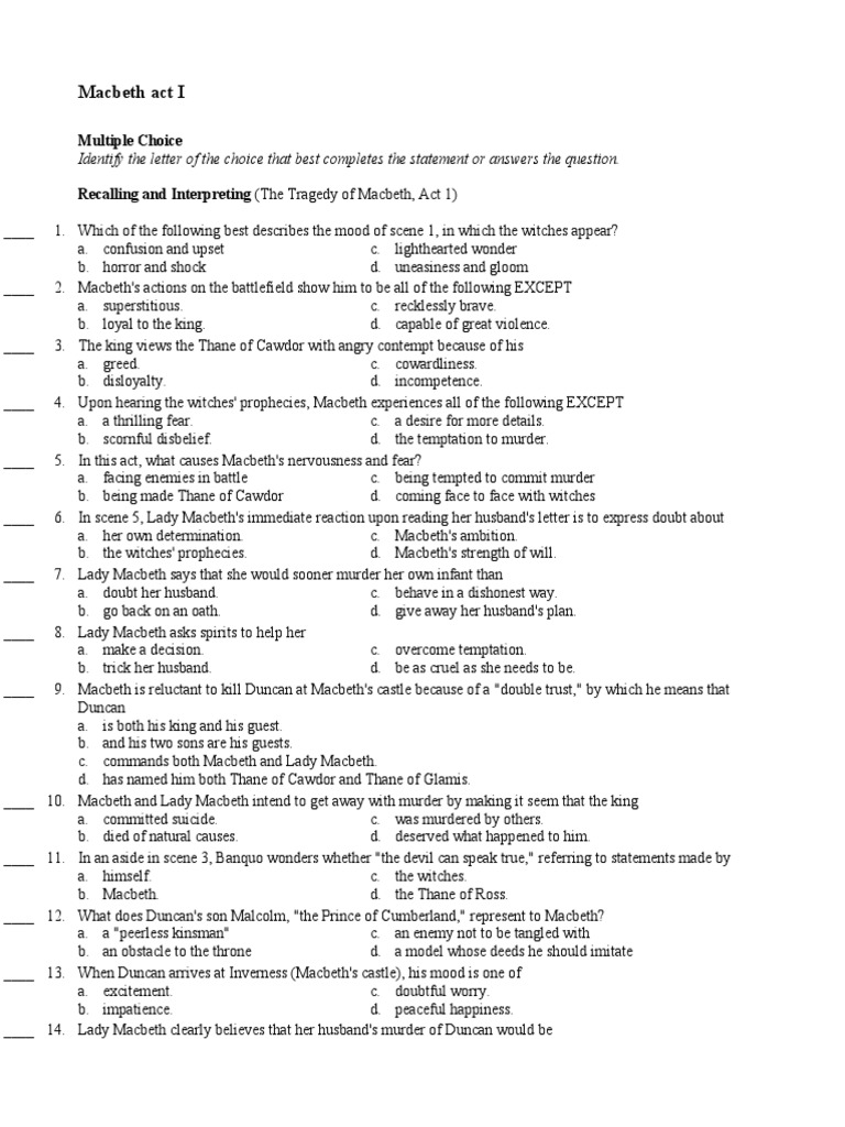 Free Printable Test On Macbeth