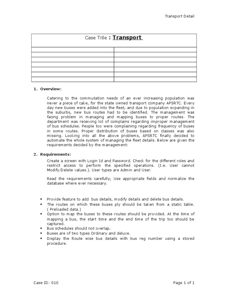 Case 010 TransportDetails | PDF | Bus | Information Retrieval