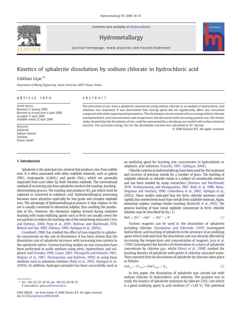 Kinetics of Sphalerite Dissolution by Sodium Chlorate in Hydrochloric ...