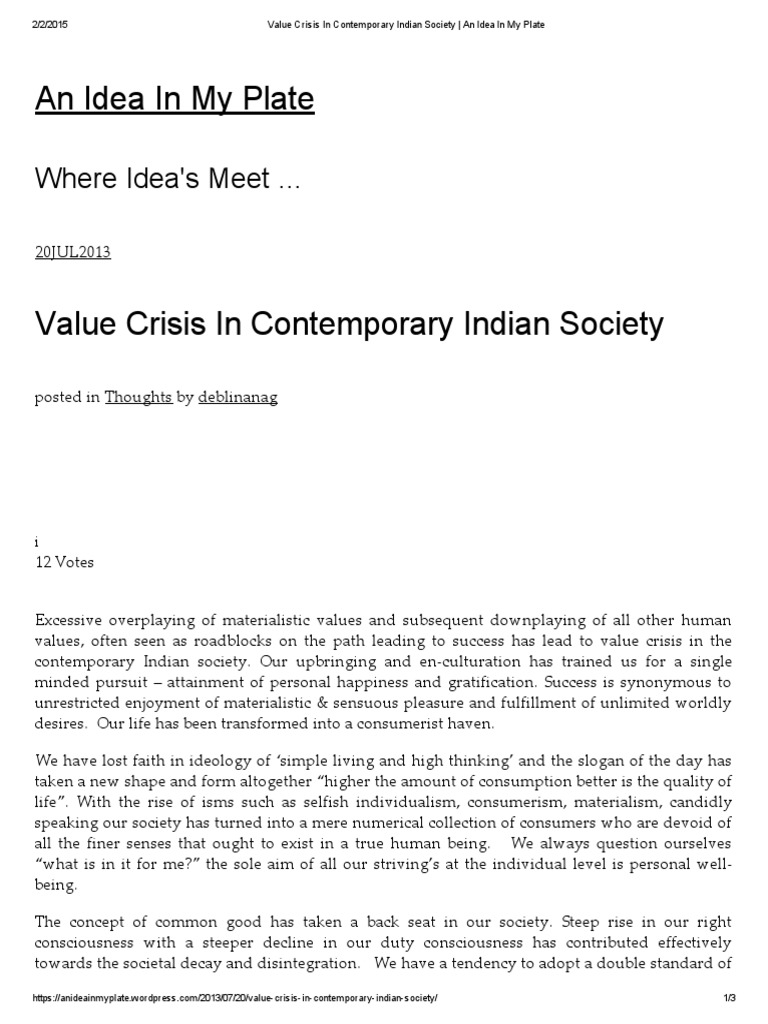 Value Crisis In Contemporary Indian Society An Idea In My Plate Pdf