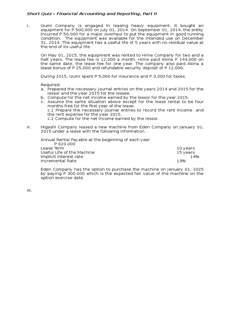 Short Quiz - Financial Accounting and Reporting, Part II | PDF
