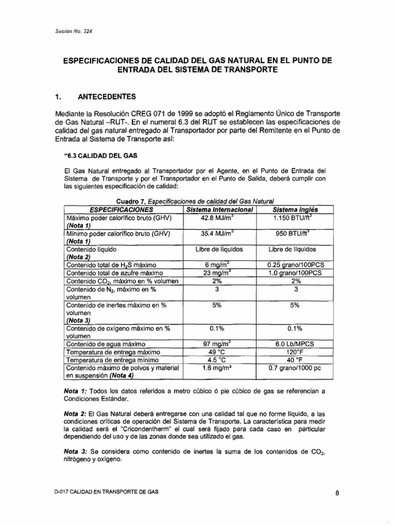 Especificaciones de Calidad del Gas Natural | PDF | Gases | Gas natural