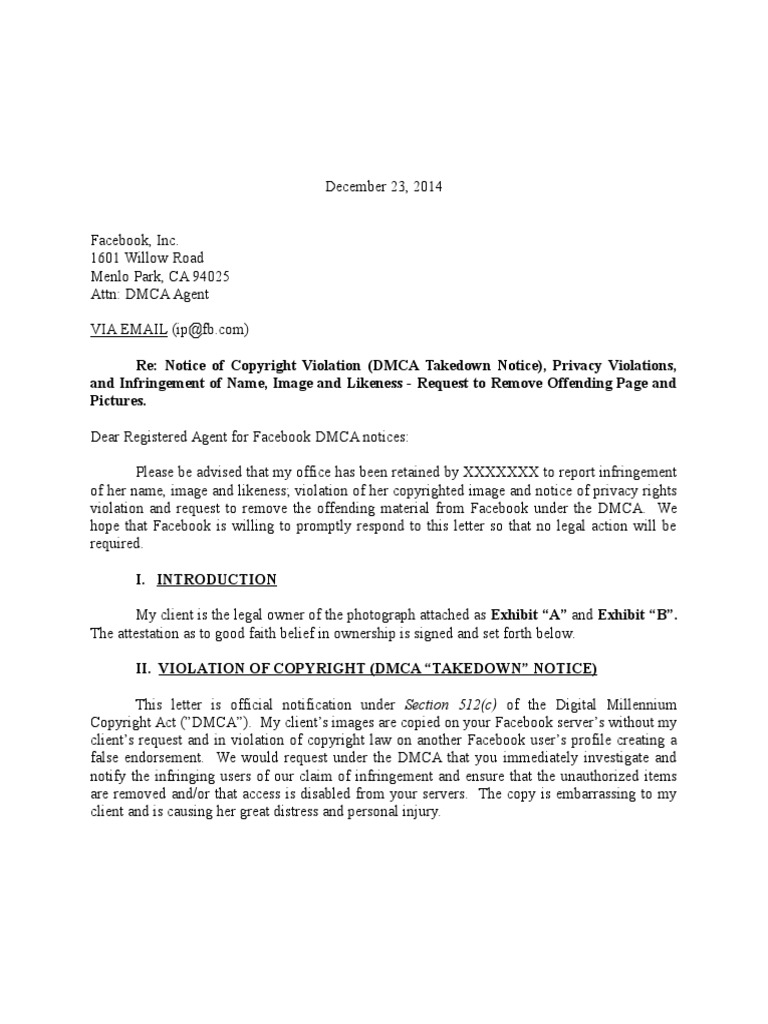 Sample DMCA Takedown Letter to Facebook Right of Publicity Digital