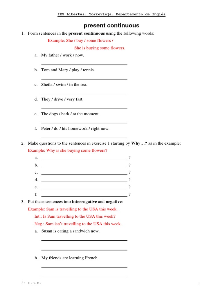 Present Continuous Exercises Worksheet | PDF | Language Arts & Discipline