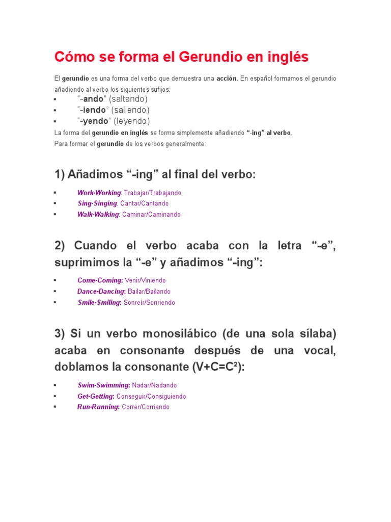 Cómo se forma el Gerundio en inglés: “-ando” (saltando) “-iendo ...