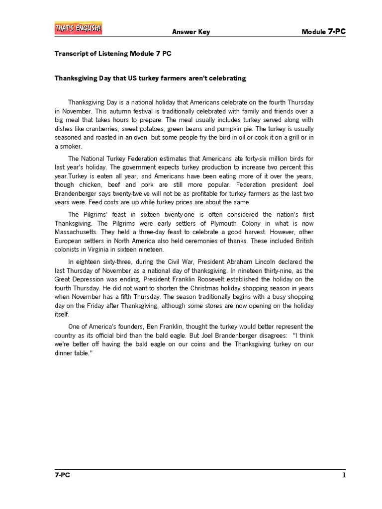 Answer Key Transcript of Listening Module 7 PC | PDF | Turkey Meat ...