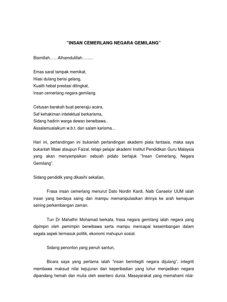 Pidato Insan Cemerlang Negara Gemilang