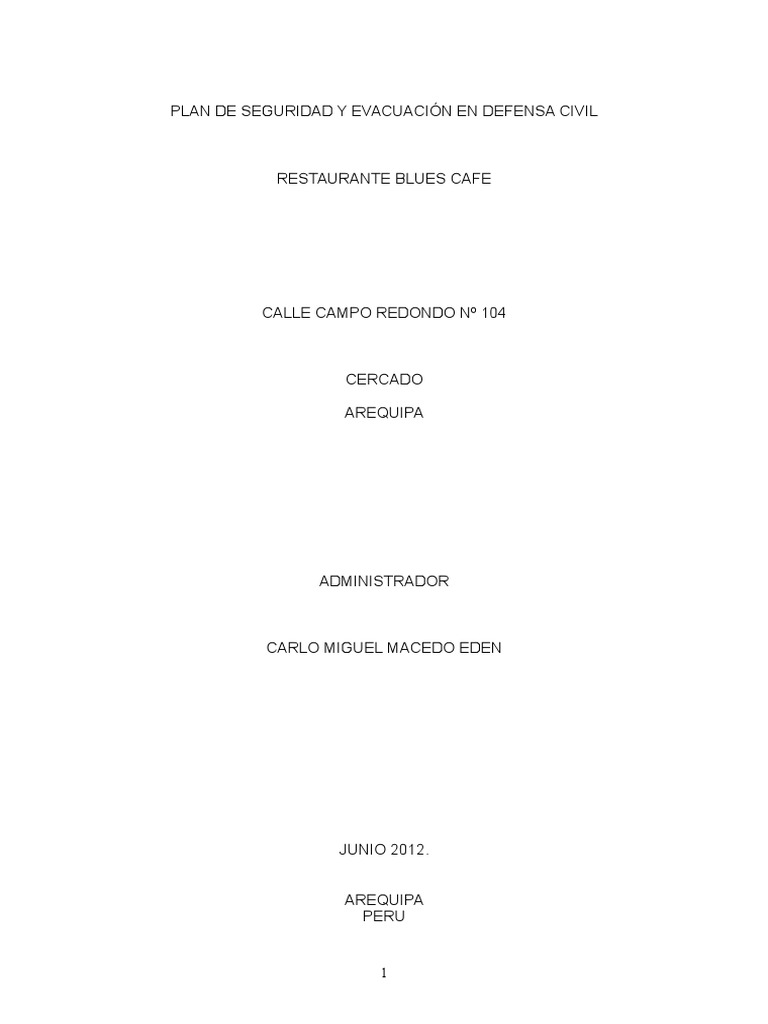 Plan de Seguridad y Evacuación en Defensa Civil Blues Cafe 2012 2 | PDF ...