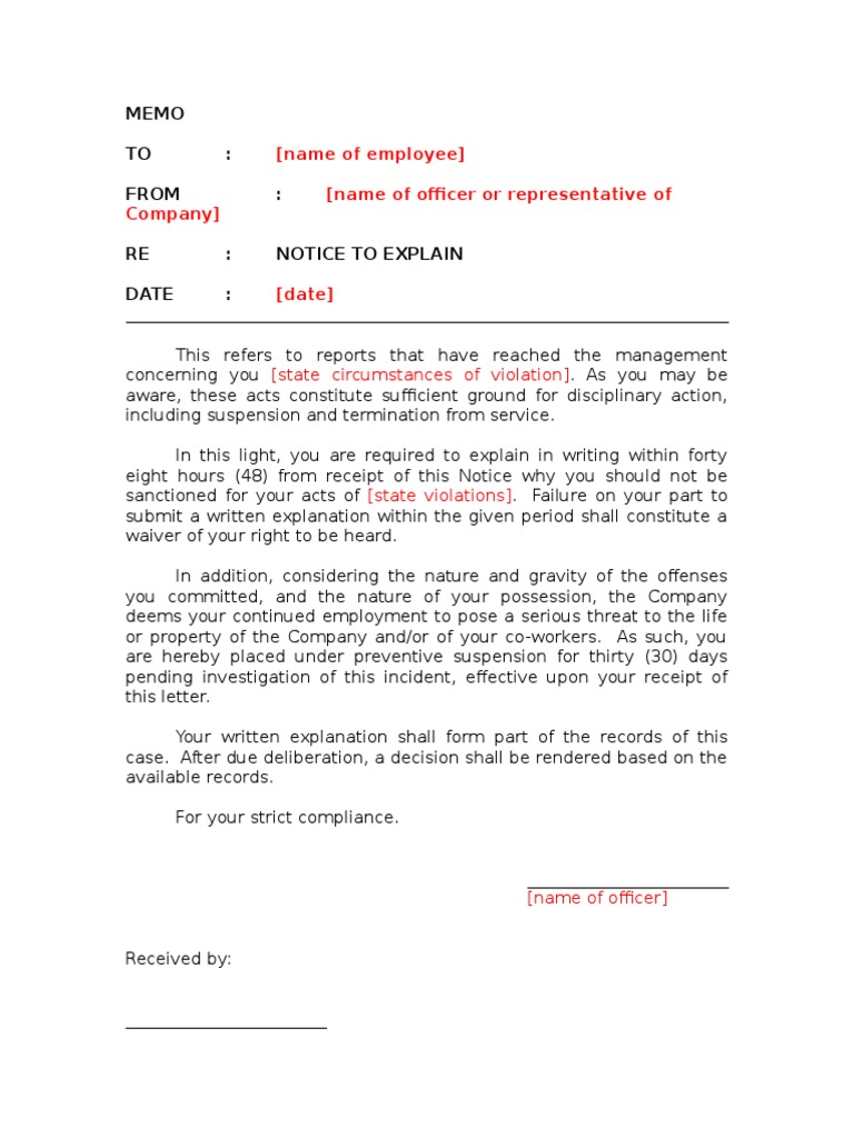 Notice to Explain Template With Preventive Suspension