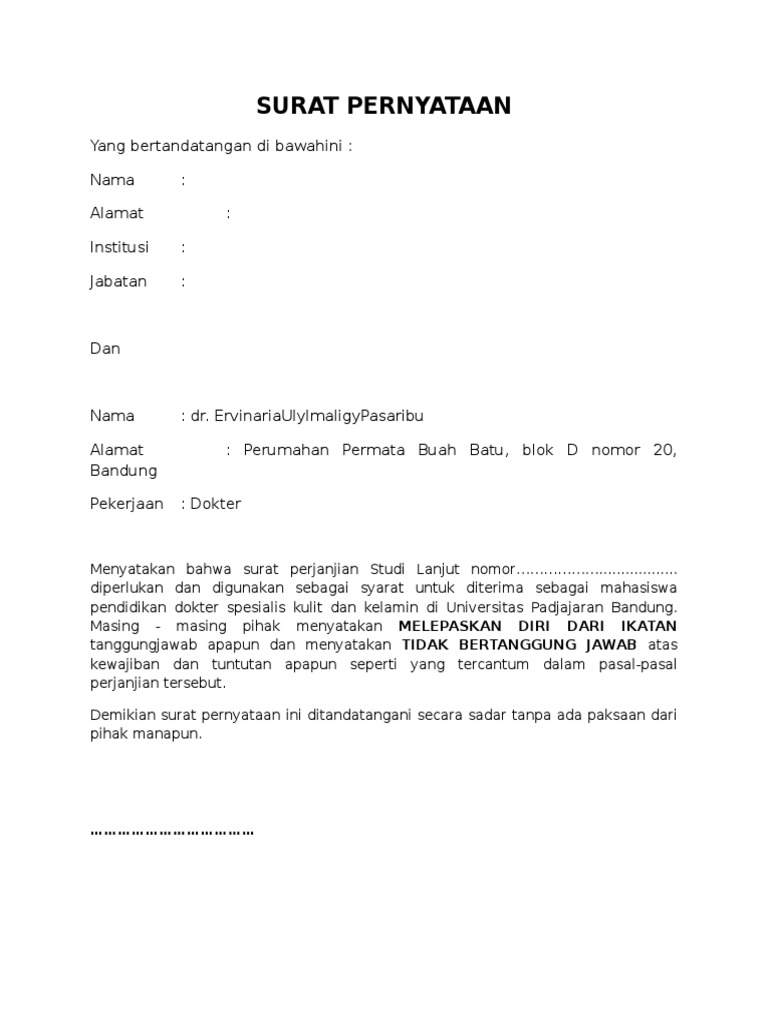 Surat Pernyataan Lepas Tanggung Jawab