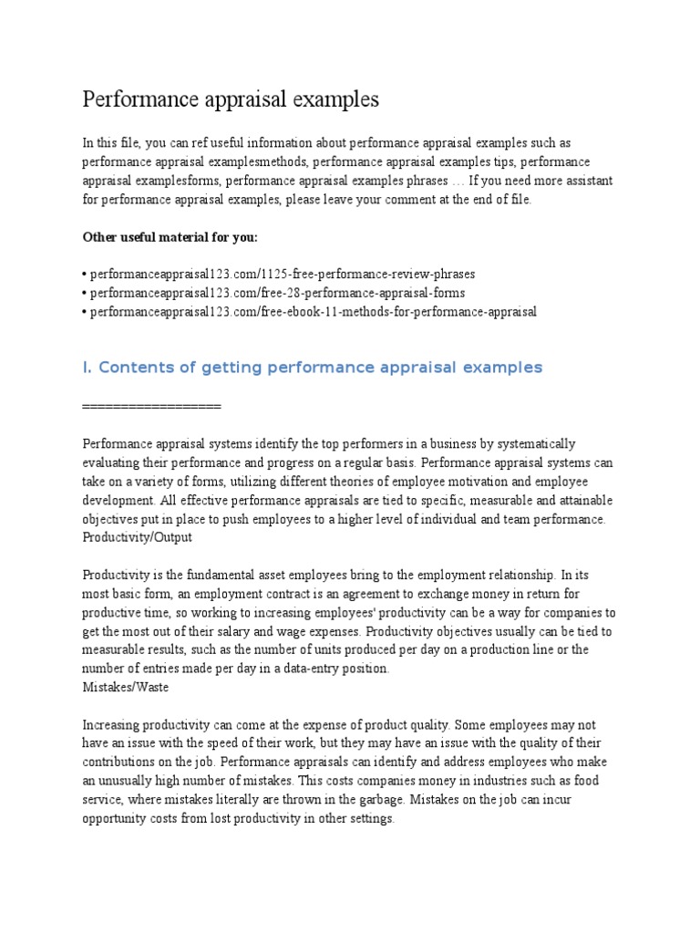 Performance Appraisal Examples PDF Performance Appraisal Action