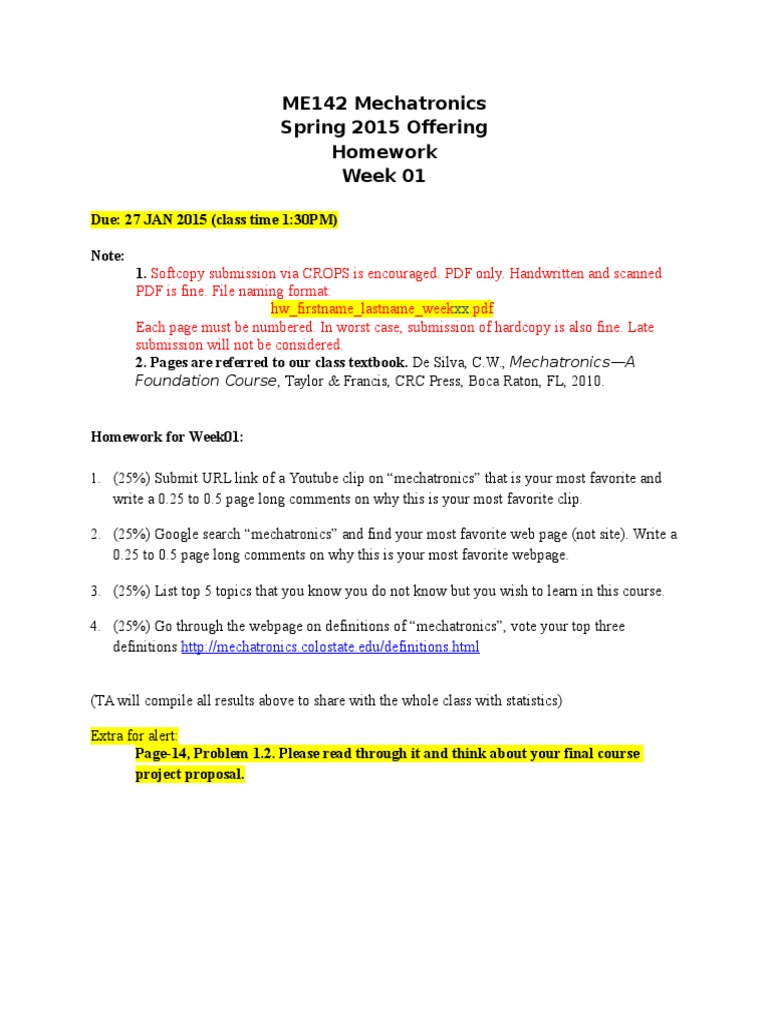 ME142 Mechatronics Homework Week 01 | PDF | Art