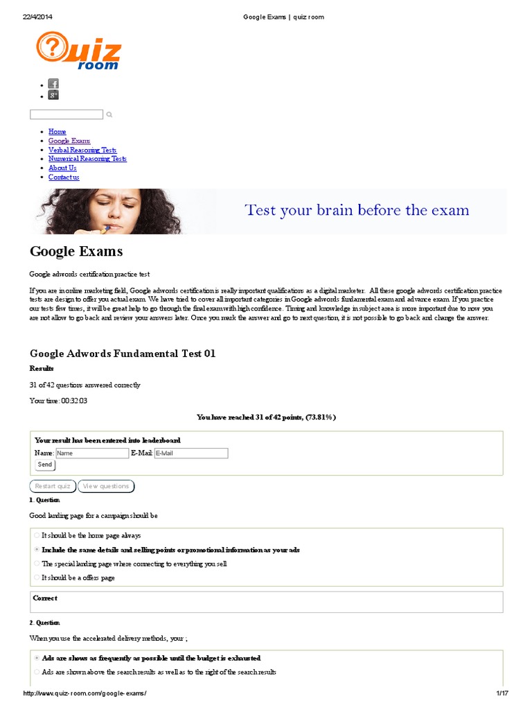 Google Exams - Quiz Room | PDF | Ad Words | Search Engine Optimization