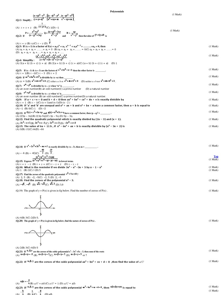 Polynomials 1 Mark Q 1 Simplify A Polynomial Quadratic Equation
