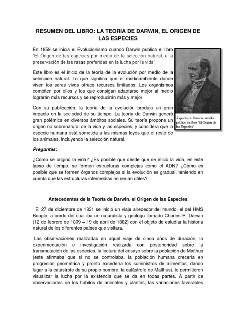 Resumen de La Teoria de Darwin | PDF | Charles Darwin | Evolución