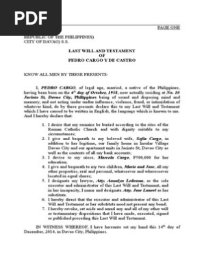Last Will and Testament of Pedro Cargo (Practice Court)