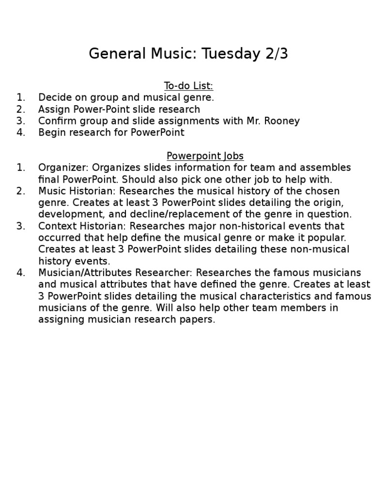 Music Project Group Tasks and Roles | PDF