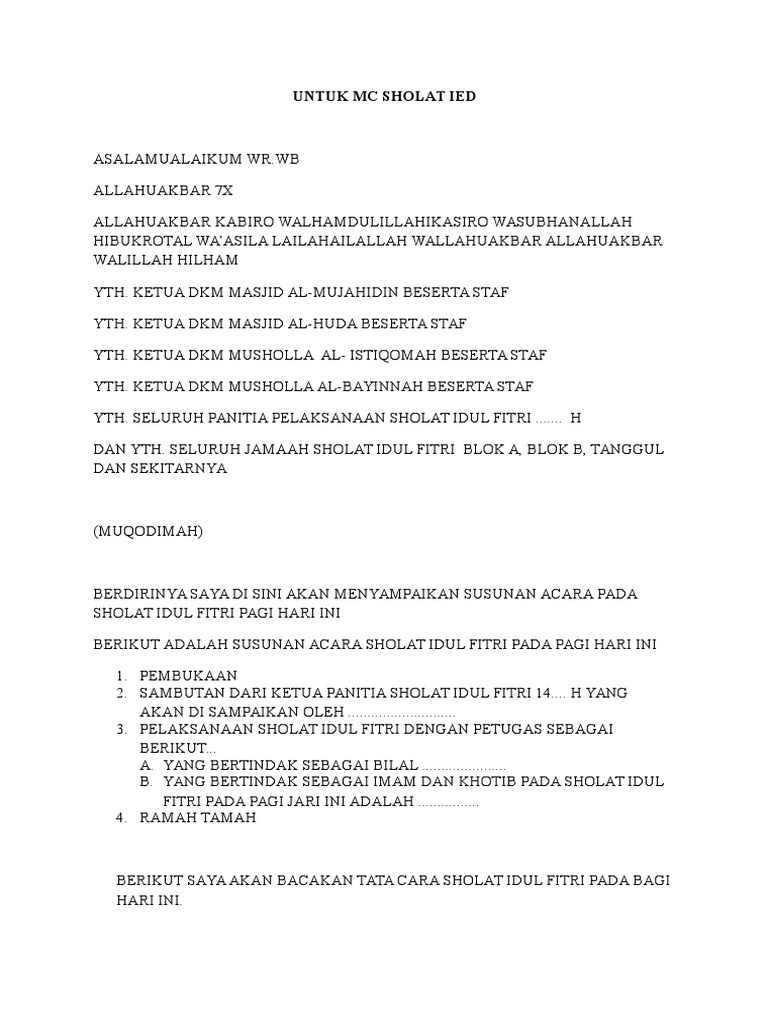 Catatan Mc Dan Sambutan Sholat Ied
