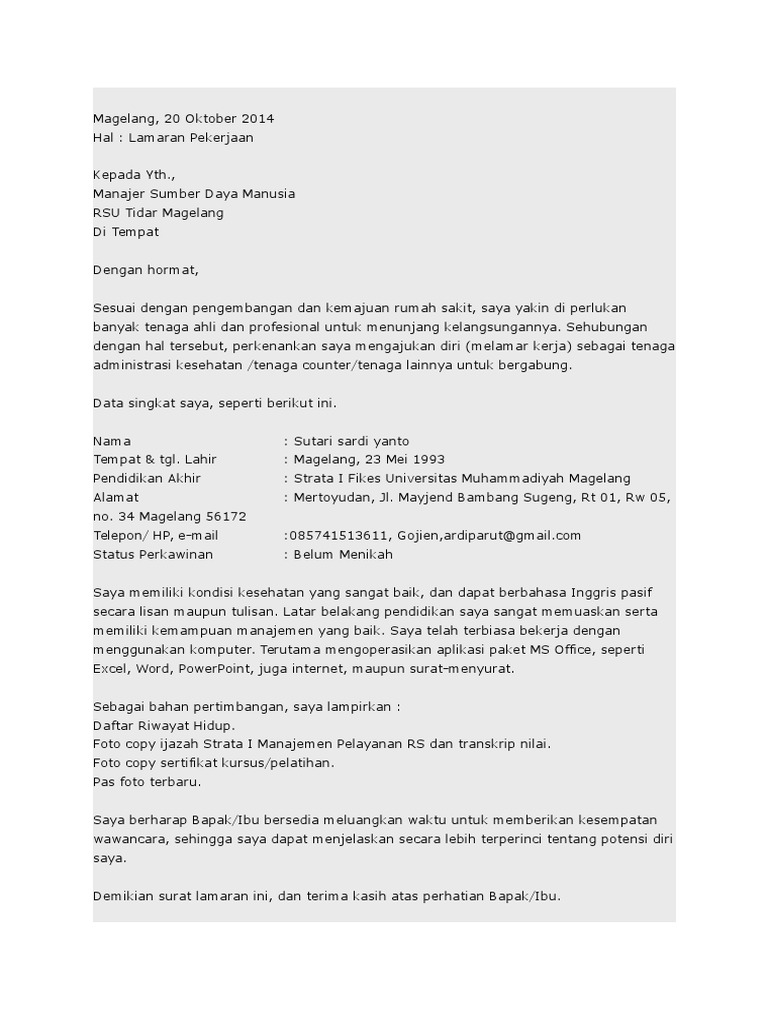 Contoh Surat Lamaran Kerja Perawat Di Rumah Sakit