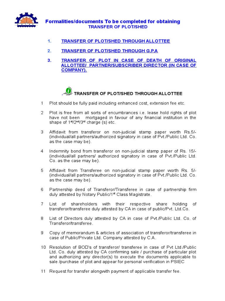 Formalities For Transfer of Plot | PDF | Affidavit | Lease