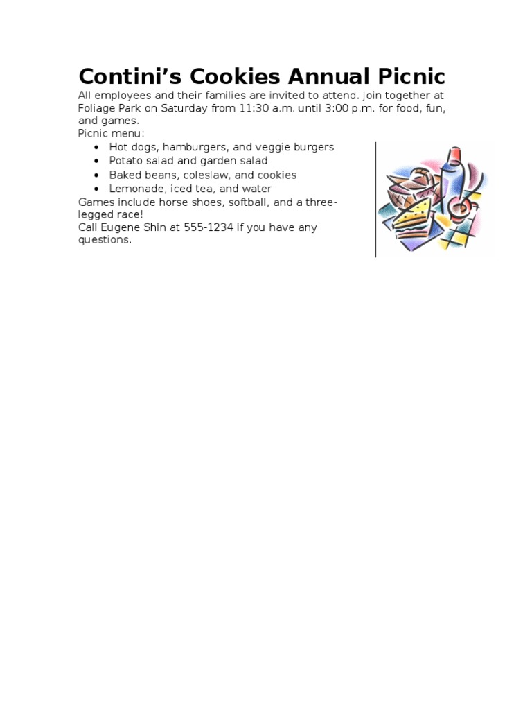 Contini's Cookies Annual Picnic Details | PDF | Sports & Recreation ...
